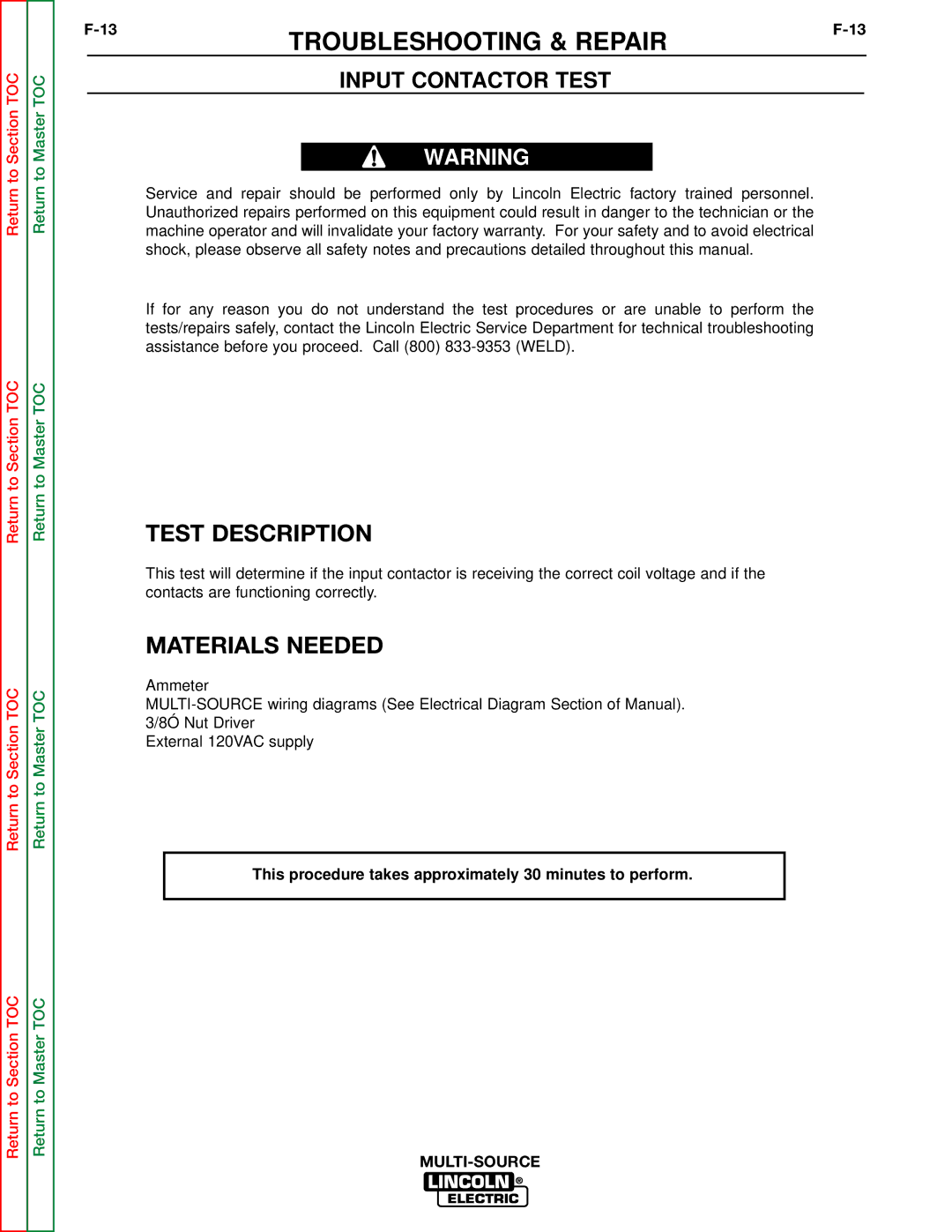 Lincoln Electric SVM155-A service manual Input Contactor Test 