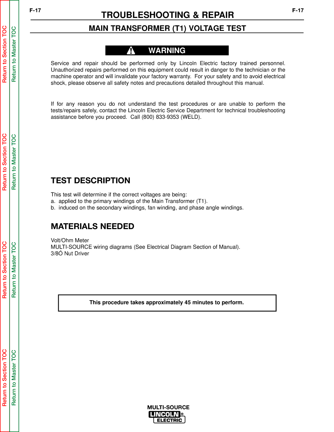 Lincoln Electric SVM155-A service manual Main Transformer T1 Voltage Test 