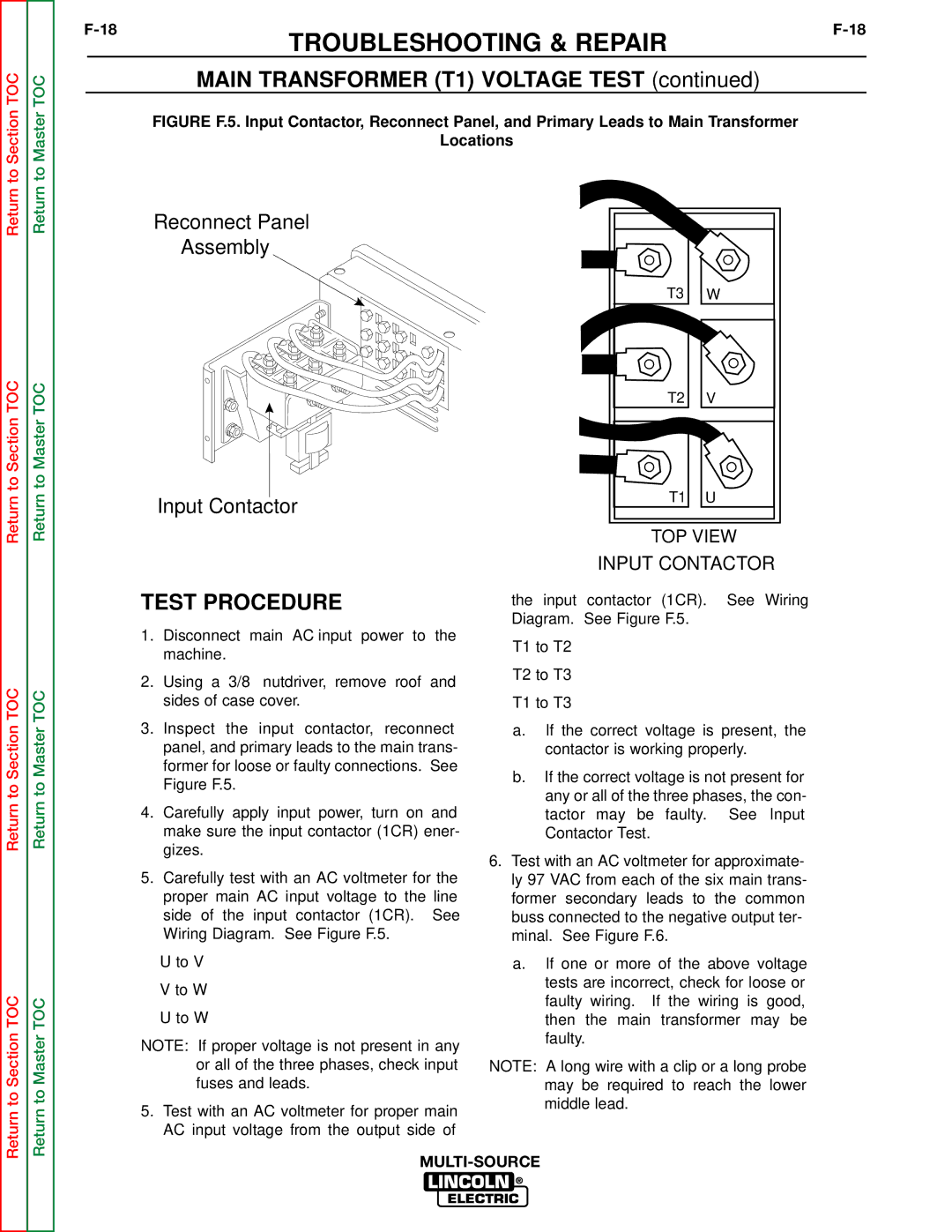 Lincoln Electric SVM155-A service manual Main Transformer T1 Voltage Test, Contactor Test 