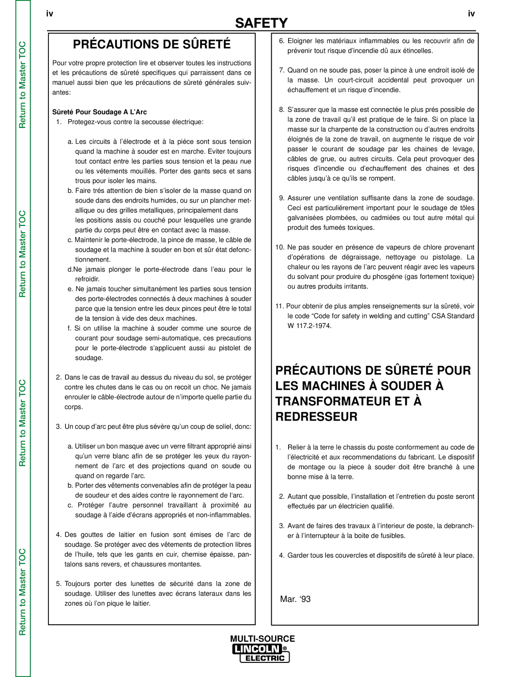 Lincoln Electric SVM155-A service manual Précautions DE Sûreté, Sûreté Pour Soudage a L’Arc 