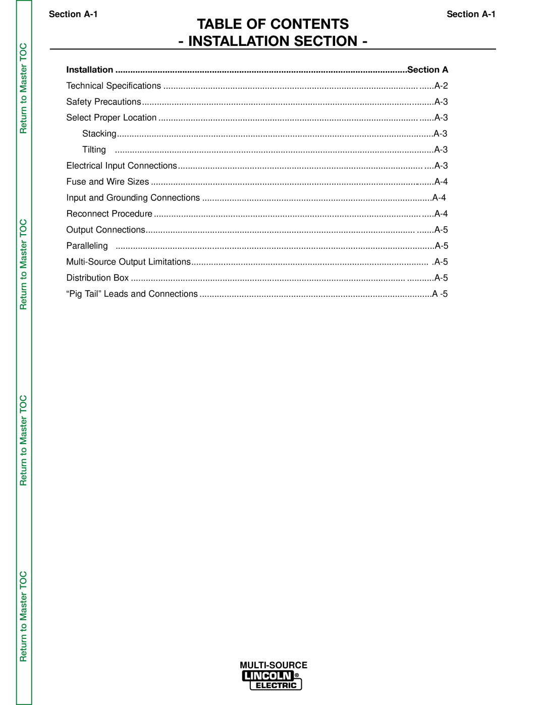 Lincoln Electric SVM155-A service manual Table of Contents Installation Section 