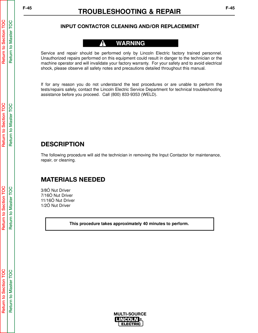 Lincoln Electric SVM155-A service manual Description, Input Contactor Cleaning AND/OR Replacement 