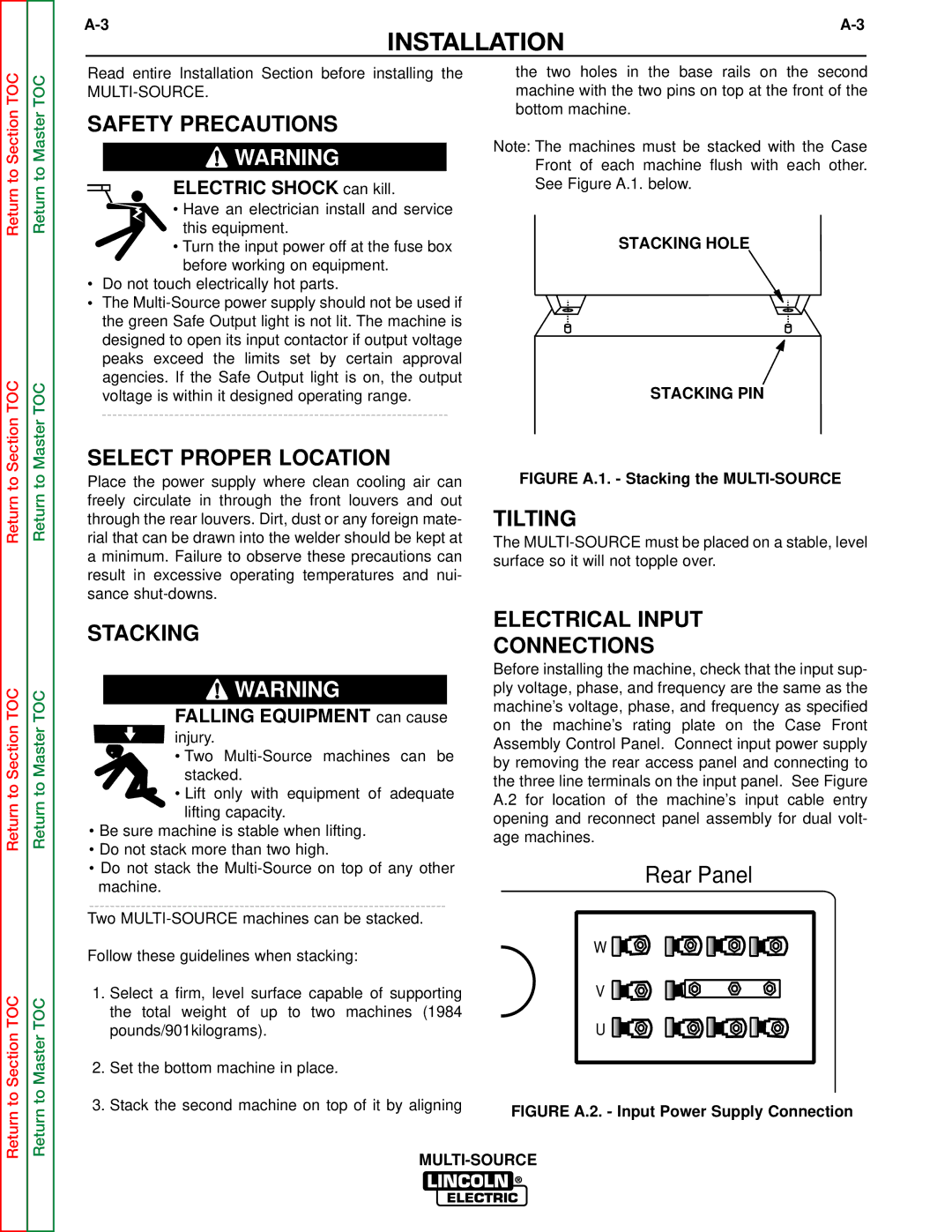 Lincoln Electric SVM155-A Safety Precautions, Select Proper Location, Stacking, Tilting, Electrical Input Connections 