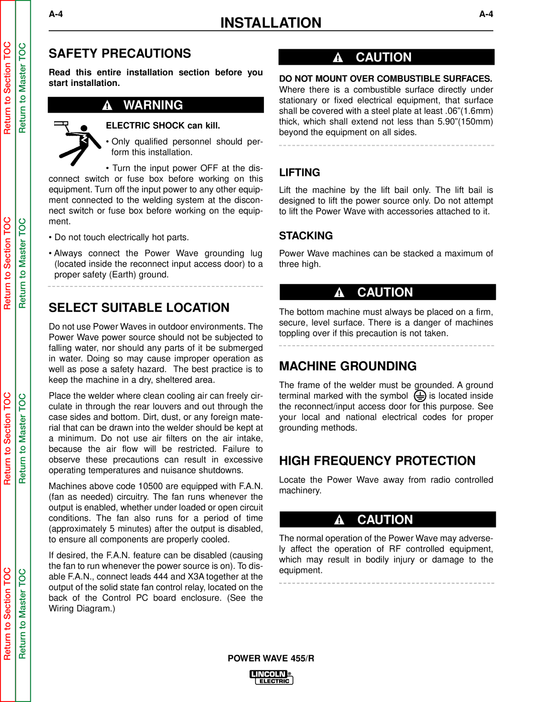 Lincoln Electric SVM156-A Safety Precautions, Select Suitable Location, Machine Grounding, High Frequency Protection 