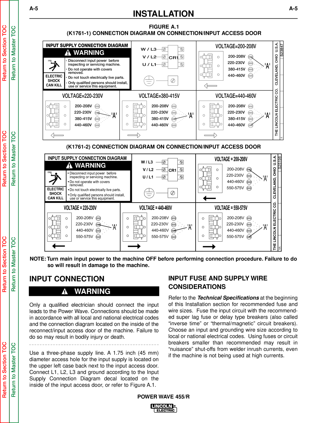 Lincoln Electric SVM156-A service manual Input Connection, Input Fuse and Supply Wire Considerations 