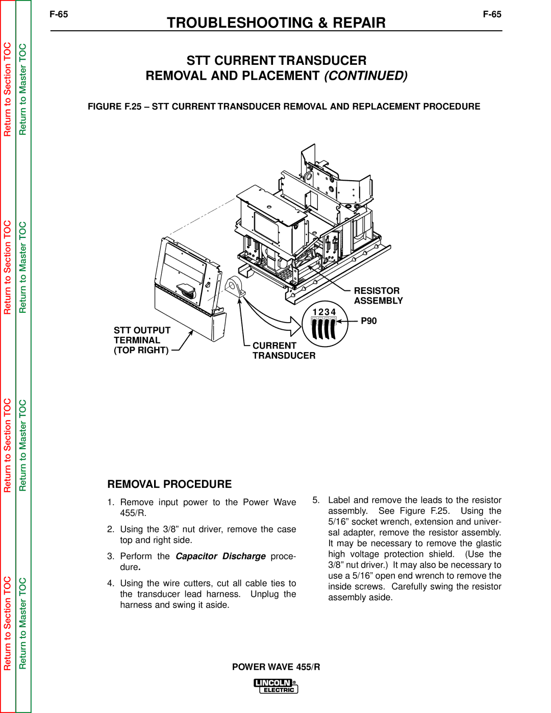 Lincoln Electric SVM156-A STT Current Transducer Removal and Placement, Perform the Capacitor Discharge proce 