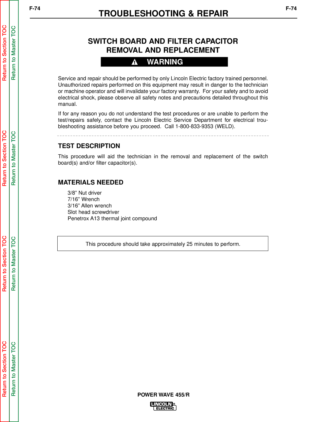 Lincoln Electric SVM156-A service manual Switch Board and Filter Capacitor Removal and Replacement, Test Description 