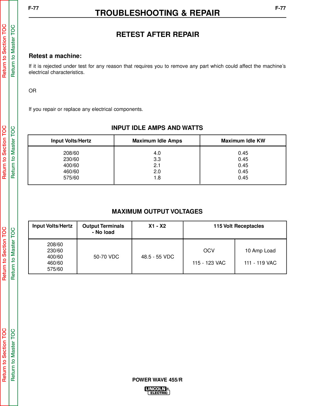 Lincoln Electric SVM156-A service manual Retest After Repair, Input Idle Amps and Watts, Maximum Output Voltages 