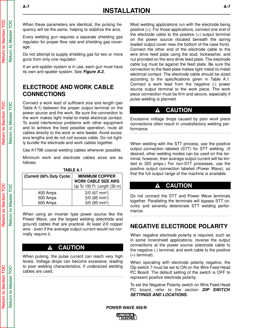 Lincoln Electric SVM156-A service manual Electrode and Work Cable Connections, Negative Electrode Polarity 