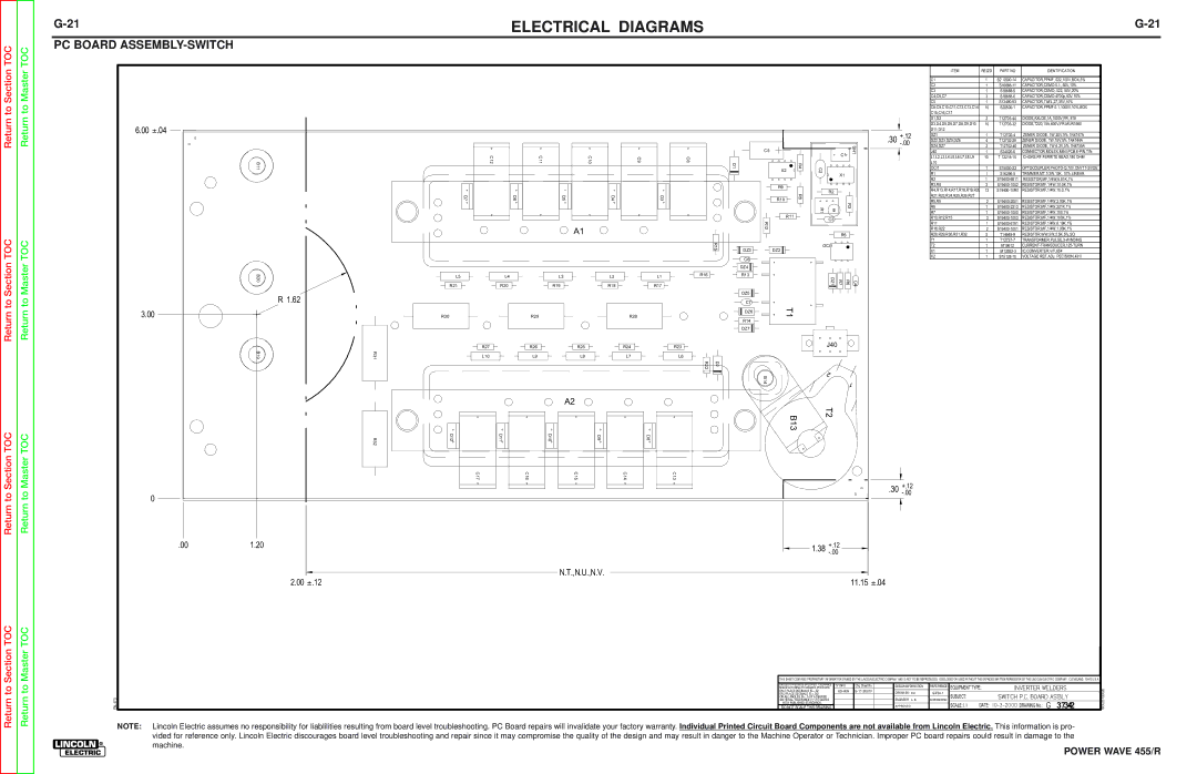 Lincoln Electric SVM156-A service manual PC Board ASSEMBLY-SWITCH, 00 ±.04 