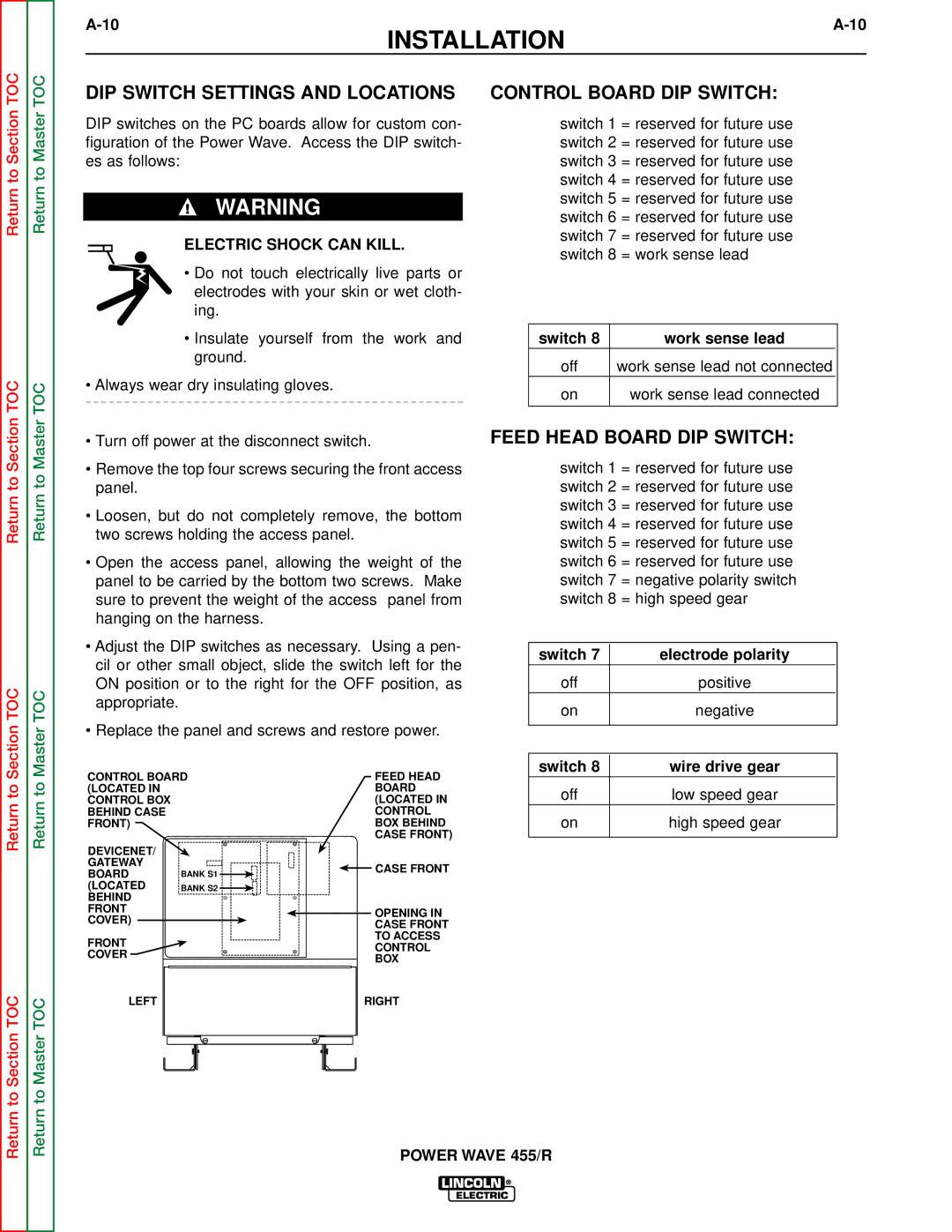 Lincoln Electric SVM156-A service manual DIP Switch Settings and Locations, Control Board DIP Switch 