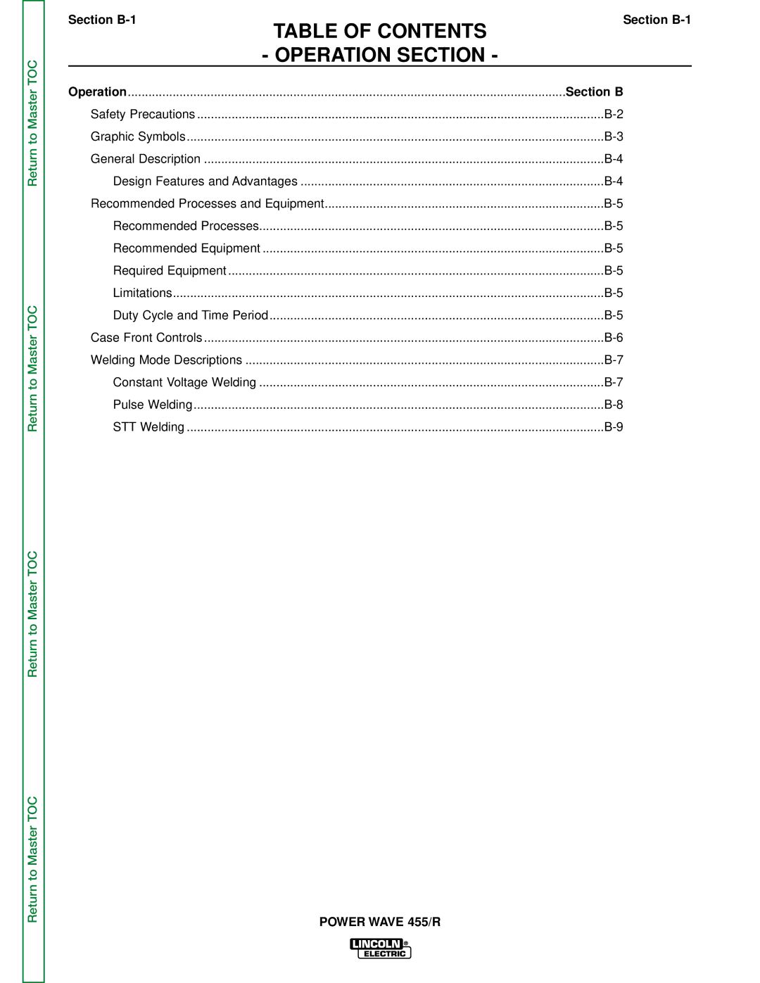 Lincoln Electric SVM156-A service manual Table of Contents Operation Section 