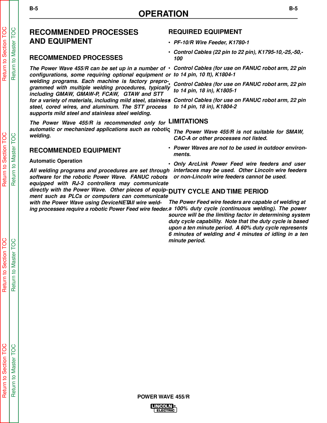 Lincoln Electric SVM156-A service manual Recommended Processes, Recommended Equipment 