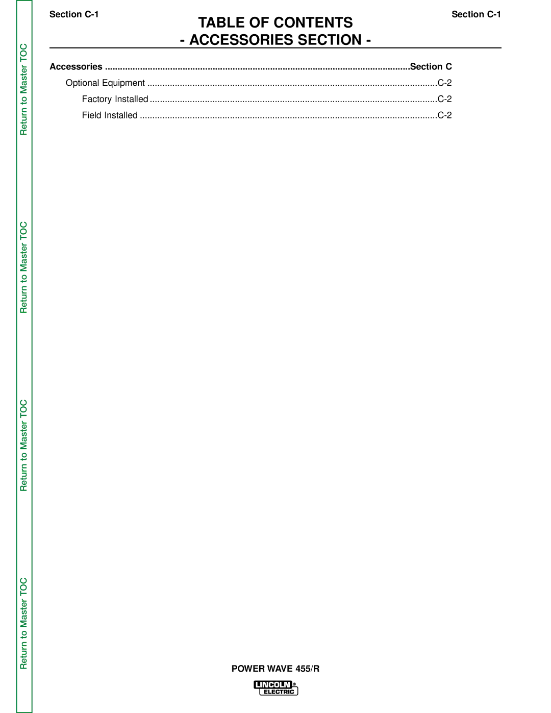 Lincoln Electric SVM156-A service manual Table of Contents, Accessories Section 