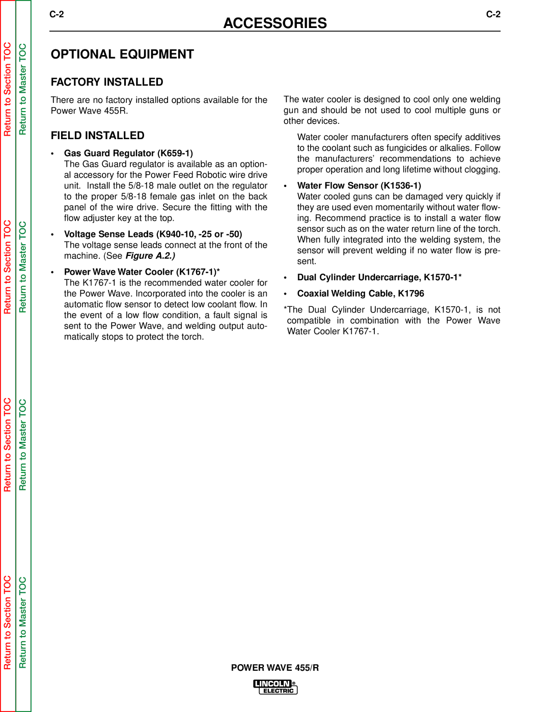 Lincoln Electric SVM156-A service manual Accessories, Optional Equipment, Factory Installed, Field Installed 