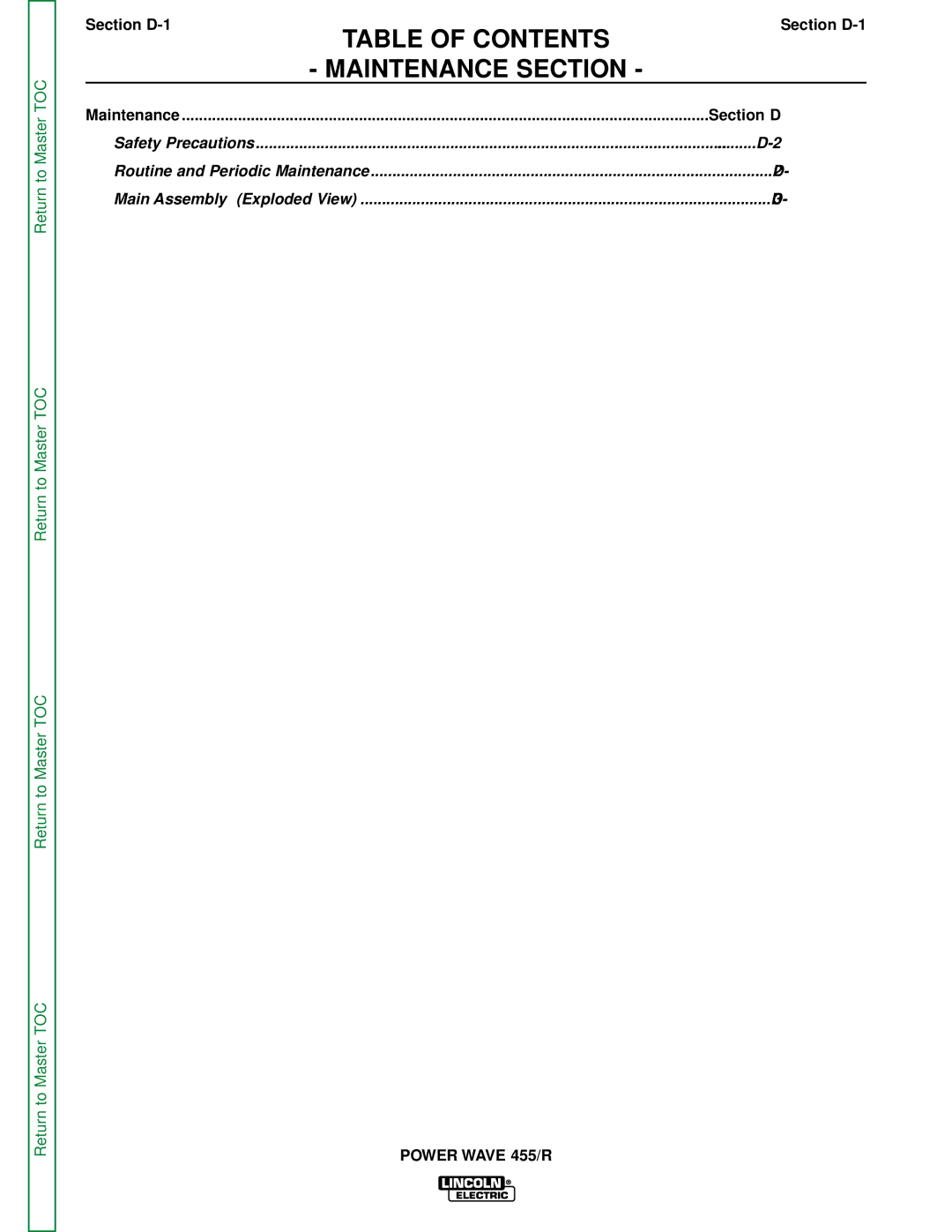 Lincoln Electric SVM156-A service manual Table of Contents Maintenance Section 