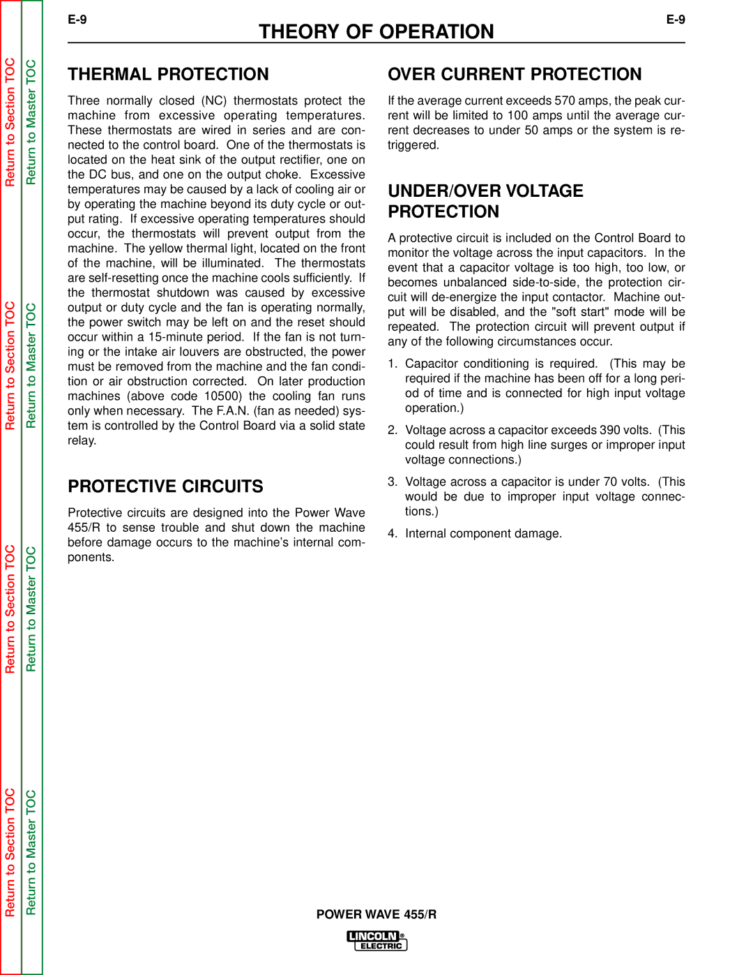 Lincoln Electric SVM156-A Thermal Protection, Protective Circuits, Over Current Protection, UNDER/OVER Voltage Protection 