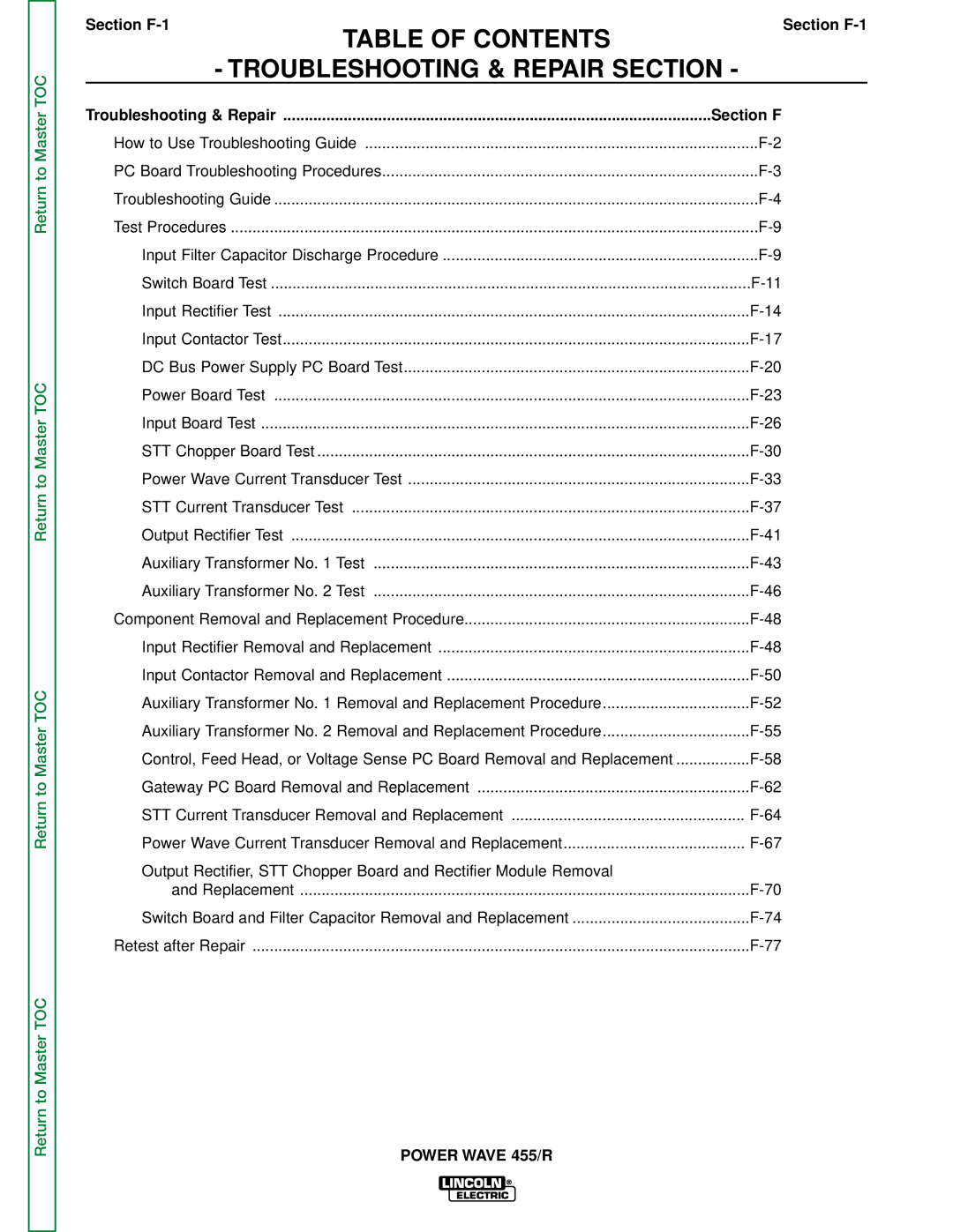 Lincoln Electric SVM156-A service manual Table of Contents Troubleshooting & Repair Section 