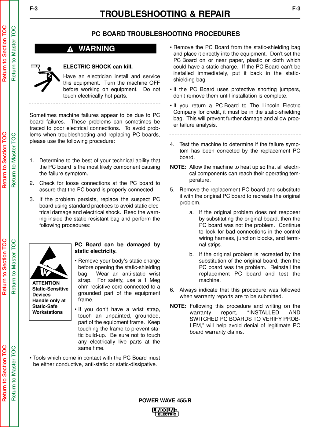 Lincoln Electric SVM156-A service manual PC Board Troubleshooting Procedures, PC Board can be damaged by static electricity 