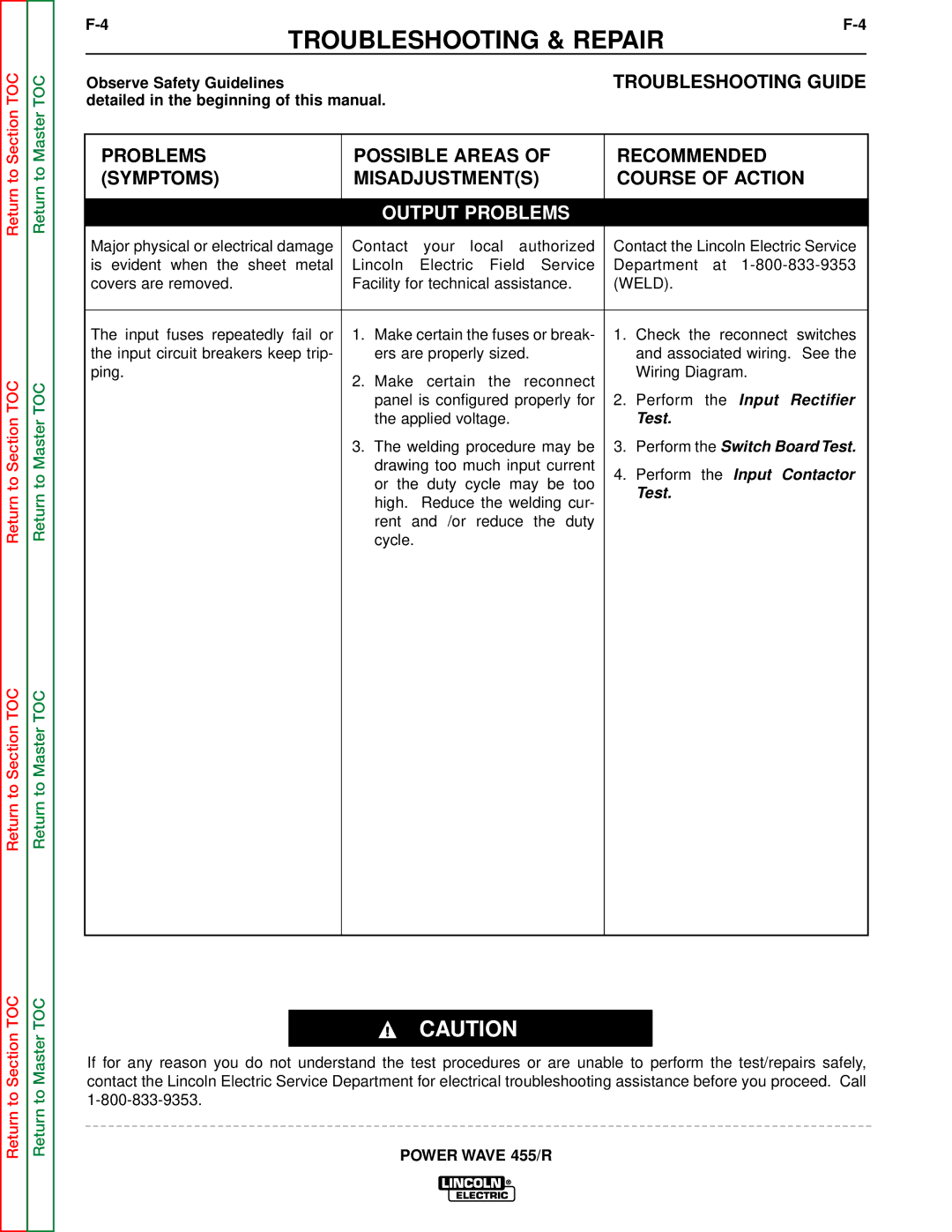 Lincoln Electric SVM156-A service manual Troubleshooting Guide, Output Problems 