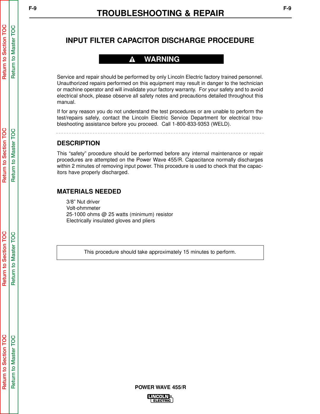 Lincoln Electric SVM156-A service manual Input Filter Capacitor Discharge Procedure, Description, Materials Needed 