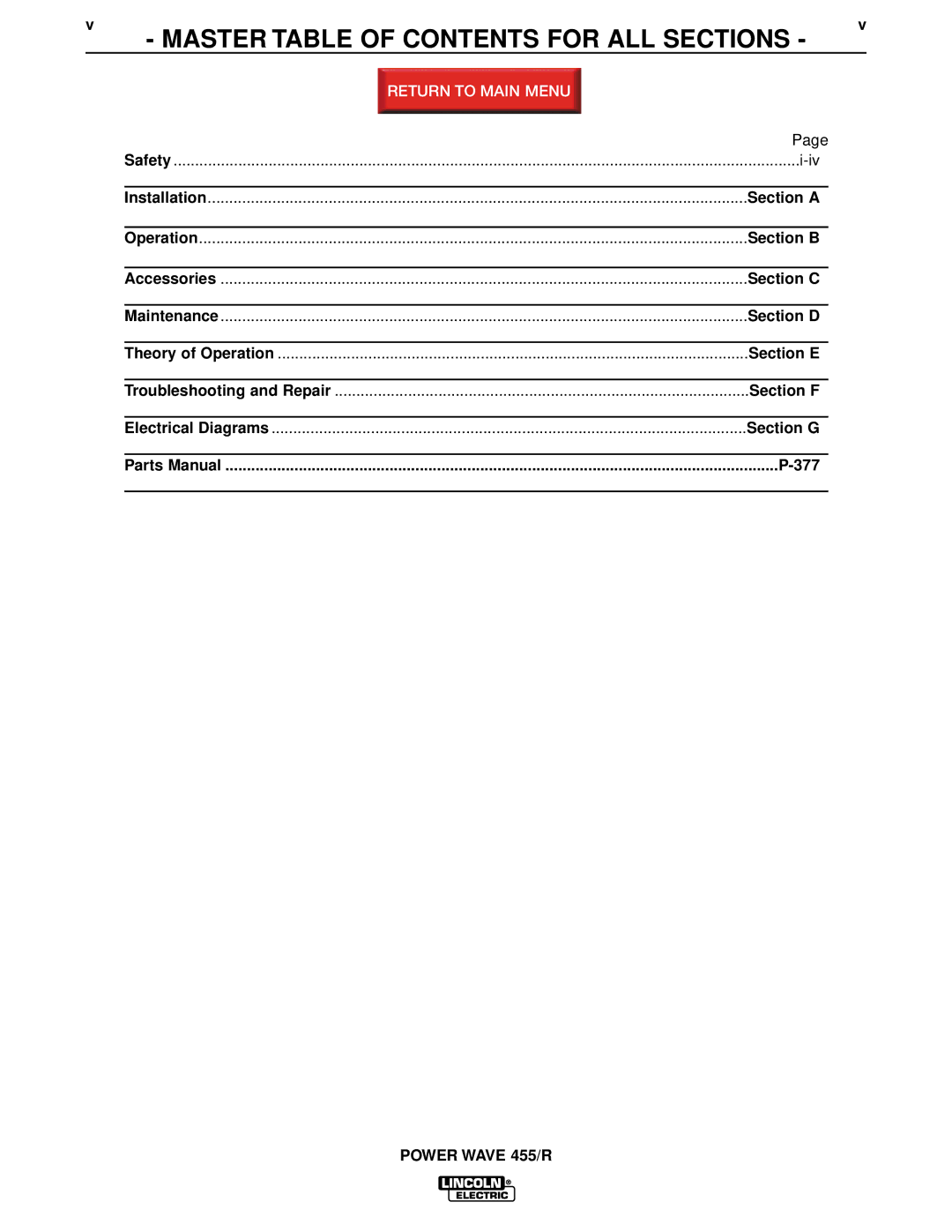 Lincoln Electric SVM156-A service manual Master Table of Contents for ALL Sections 