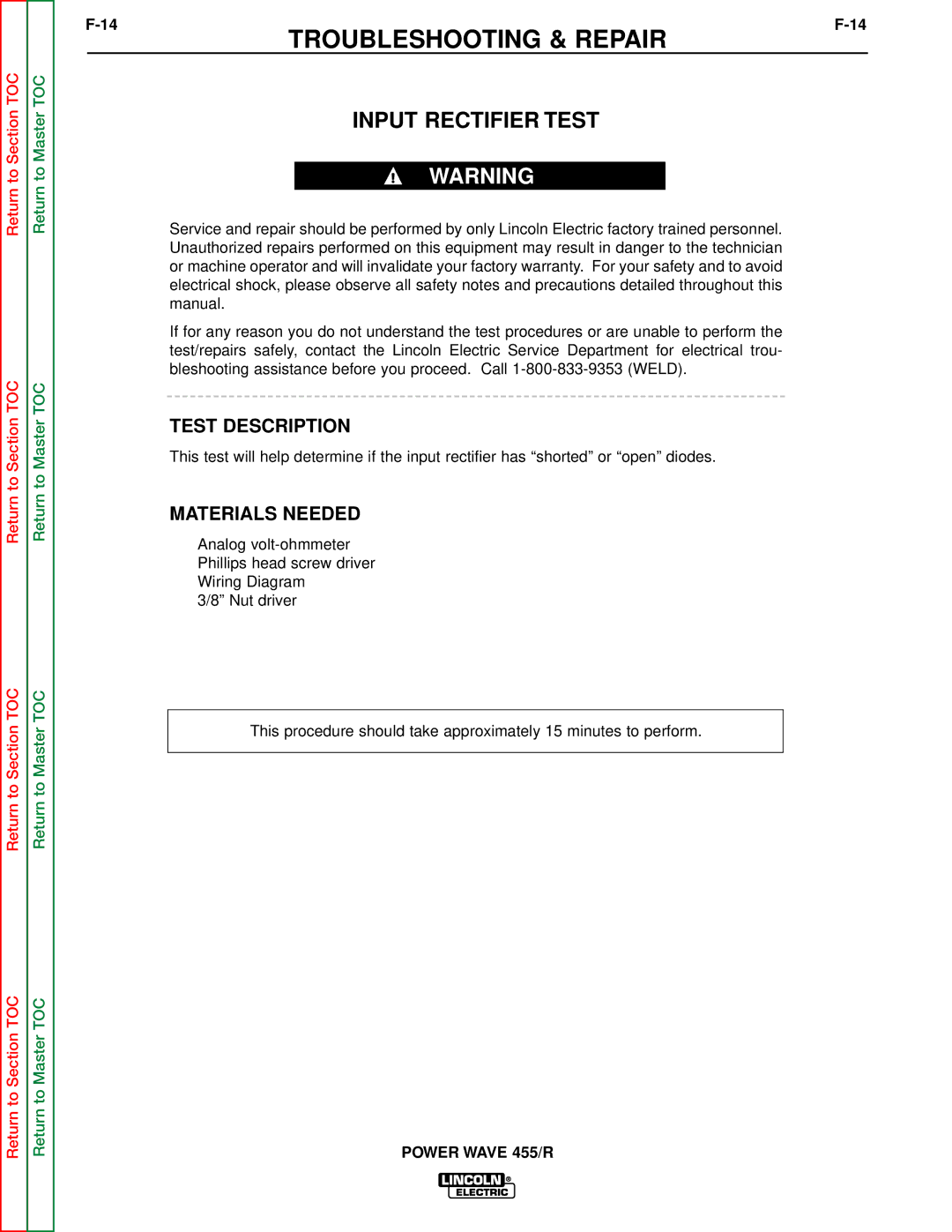 Lincoln Electric SVM156-A service manual Input Rectifier Test, Test Description 