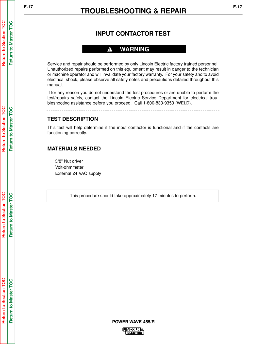 Lincoln Electric SVM156-A service manual Input Contactor Test, Test Description 