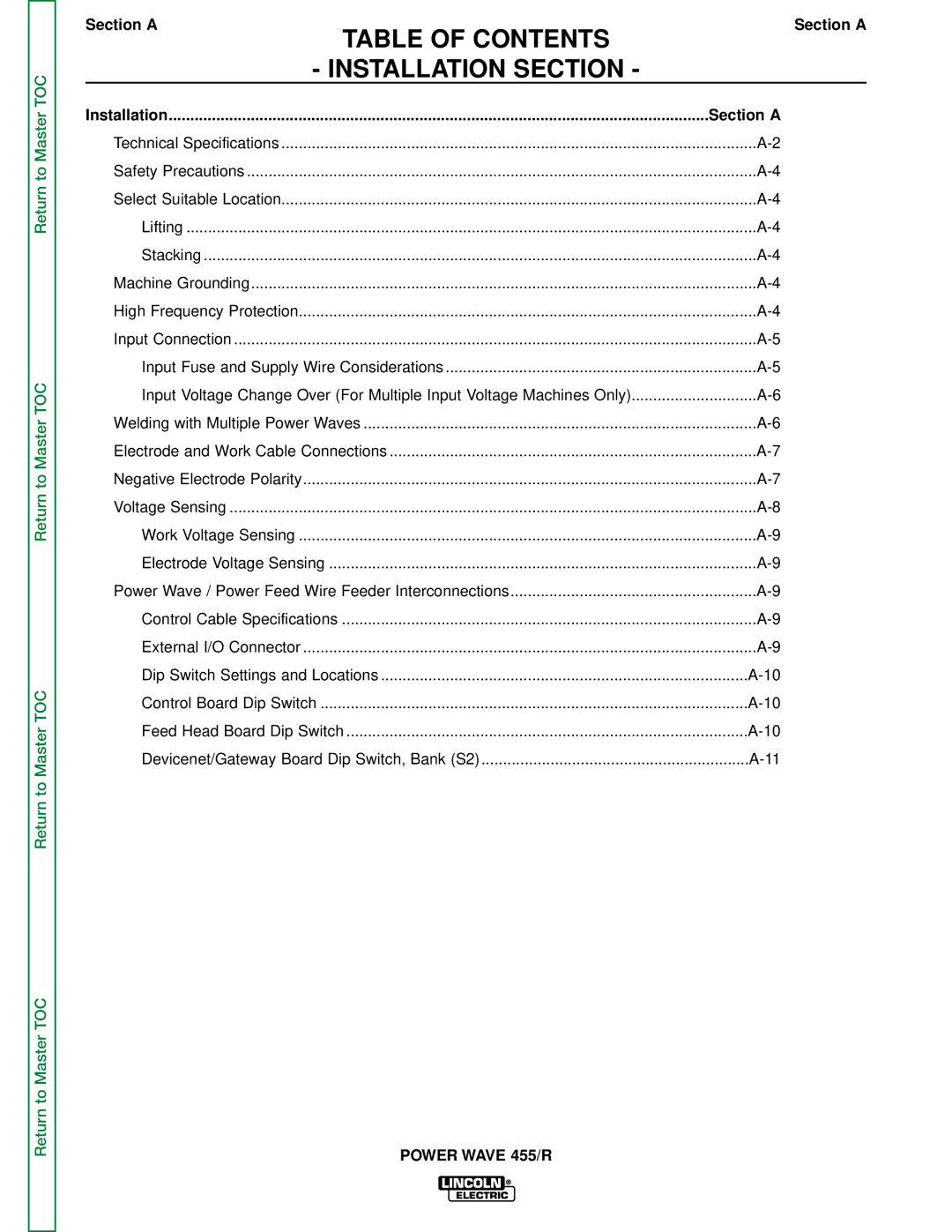 Lincoln Electric SVM156-A service manual Table of Contents Installation Section 