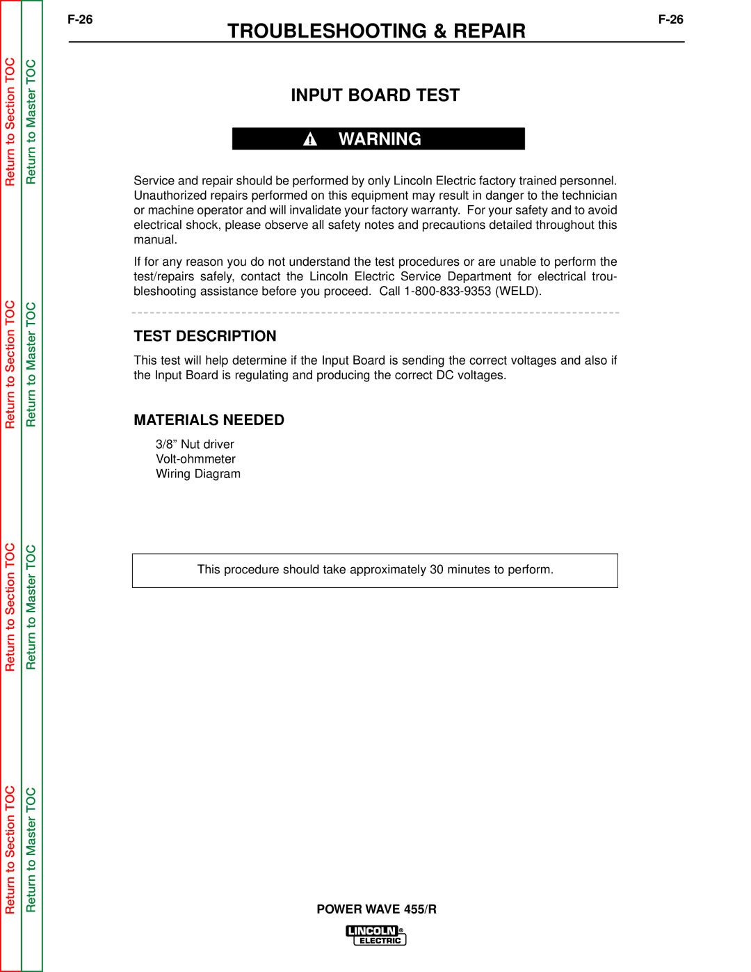 Lincoln Electric SVM156-A service manual Input Board Test, Test Description 