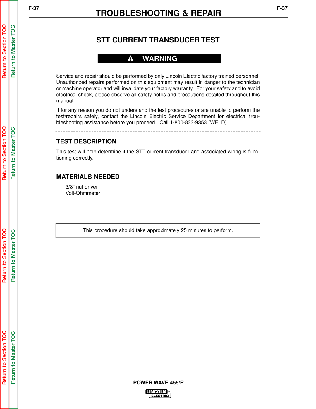 Lincoln Electric SVM156-A service manual STT Current Transducer Test, Test Description 