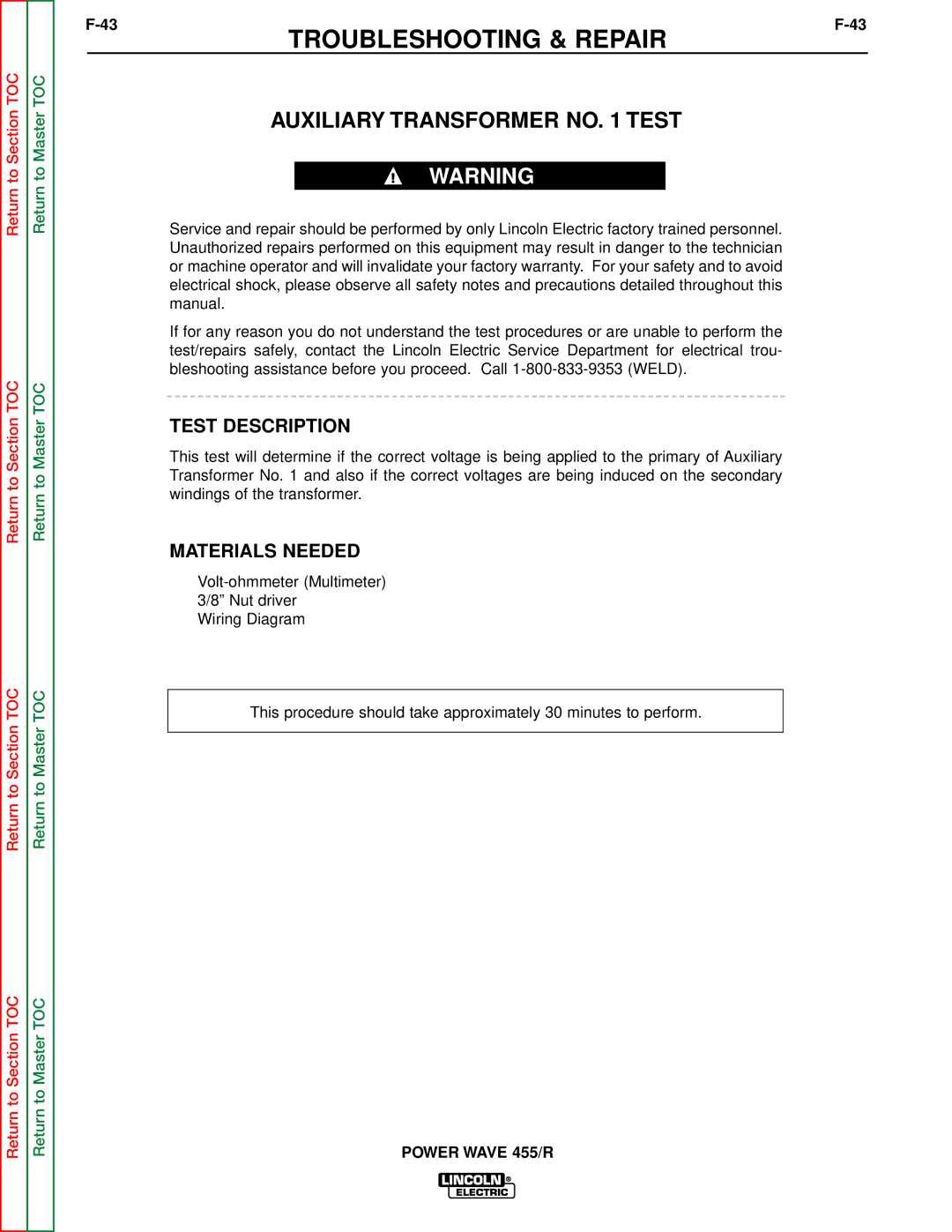 Lincoln Electric SVM156-A service manual Auxiliary Transformer no Test 