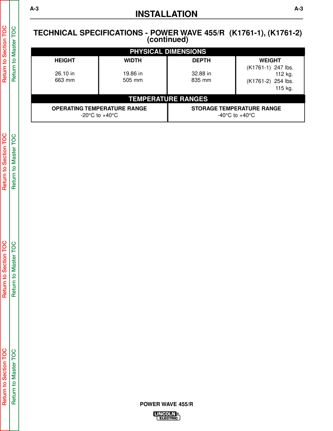 Lincoln Electric SVM156-A service manual Technical Specifications Power Wave 455/R K1761-1, K1761-2, Physical Dimensions 