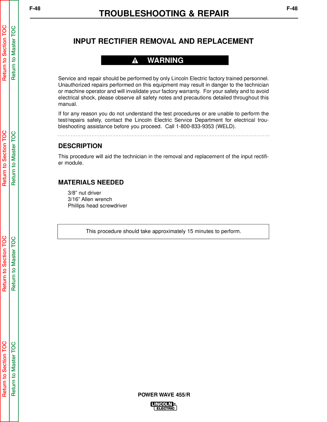 Lincoln Electric SVM156-A service manual Input Rectifier Removal and Replacement, Description 