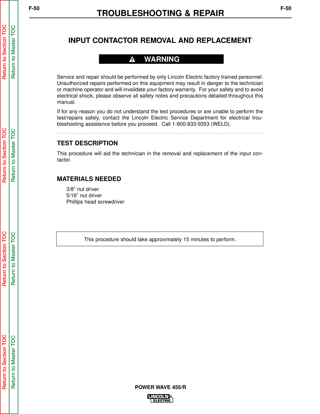 Lincoln Electric SVM156-A service manual Input Contactor Removal and Replacement, Test Description 