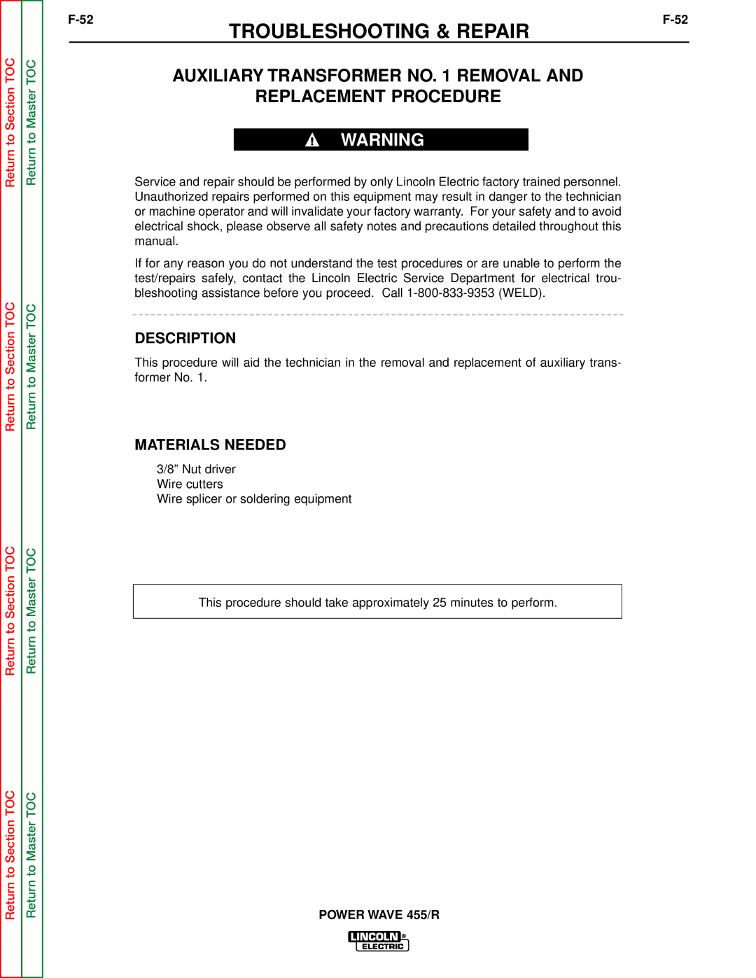 Lincoln Electric SVM156-A service manual Auxiliary Transformer no Removal Replacement Procedure, Description 