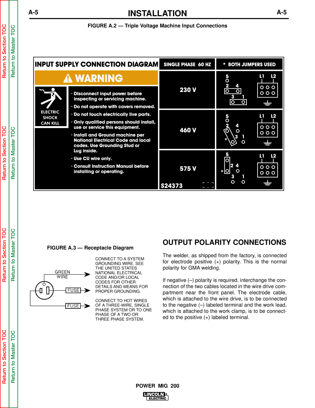 Lincoln Electric SVM157-A service manual Output Polarity Connections, Figure A.2 Triple Voltage Machine Input Connections 