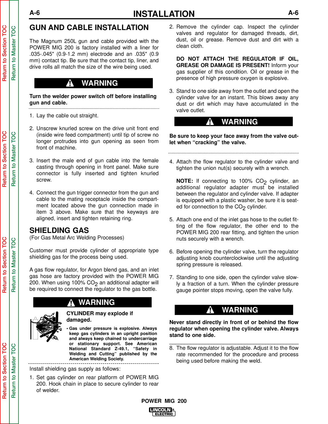 Lincoln Electric SVM157-A service manual GUN and Cable Installation, Shielding GAS, Cylinder may explode if damaged 