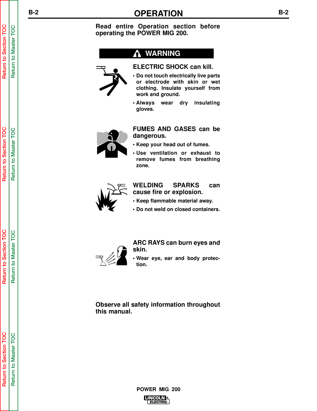 Lincoln Electric SVM157-A service manual Operation, Wear eye, ear and body protec- tion 