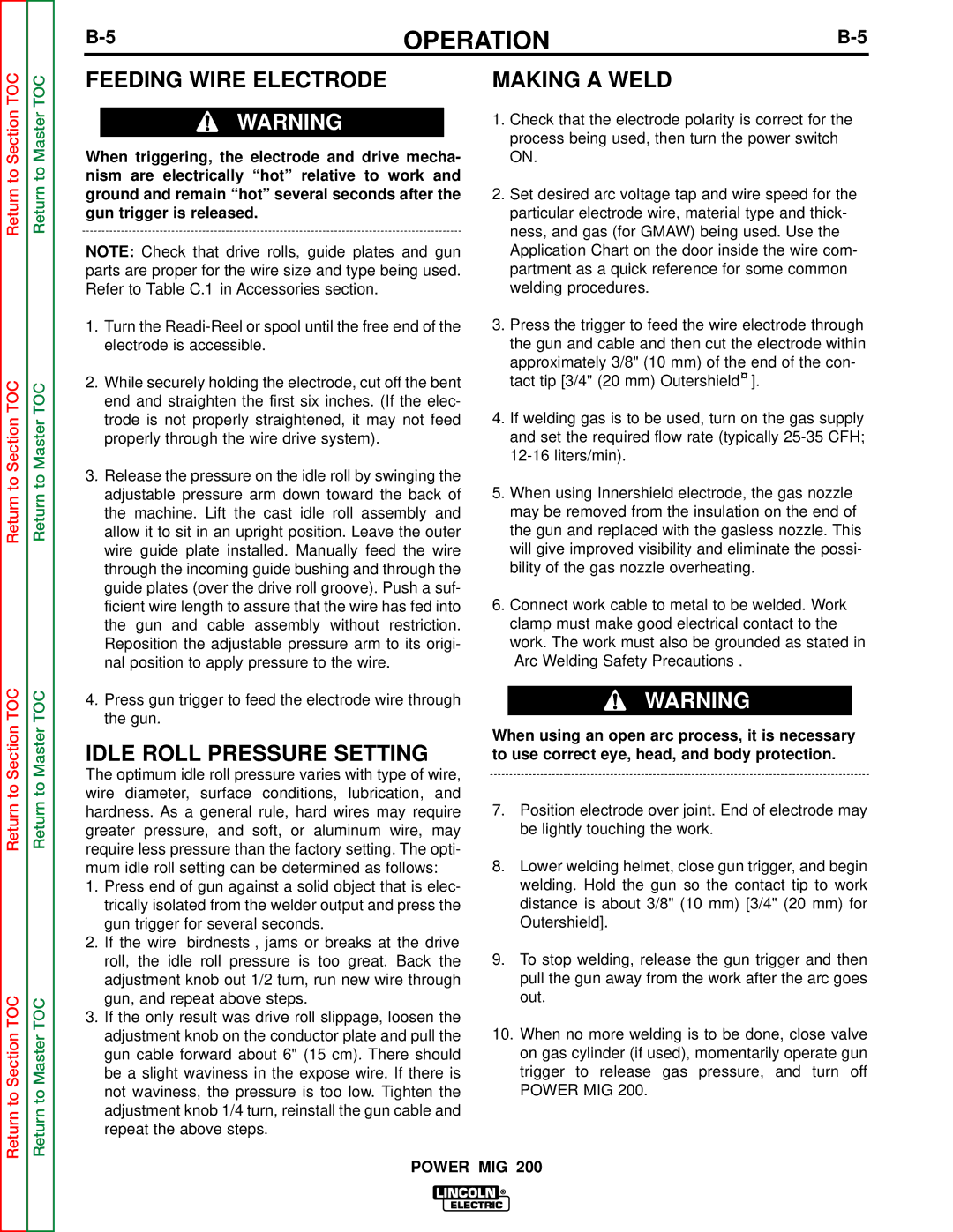 Lincoln Electric SVM157-A service manual Feeding Wire Electrode Making a Weld, Idle Roll Pressure Setting 