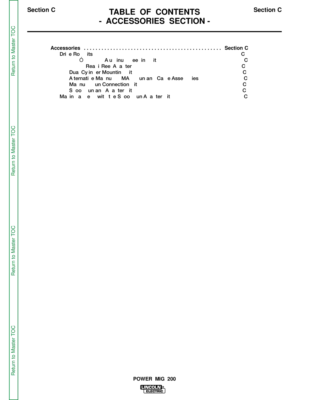 Lincoln Electric SVM157-A service manual Table of Contents, Accessories Section 