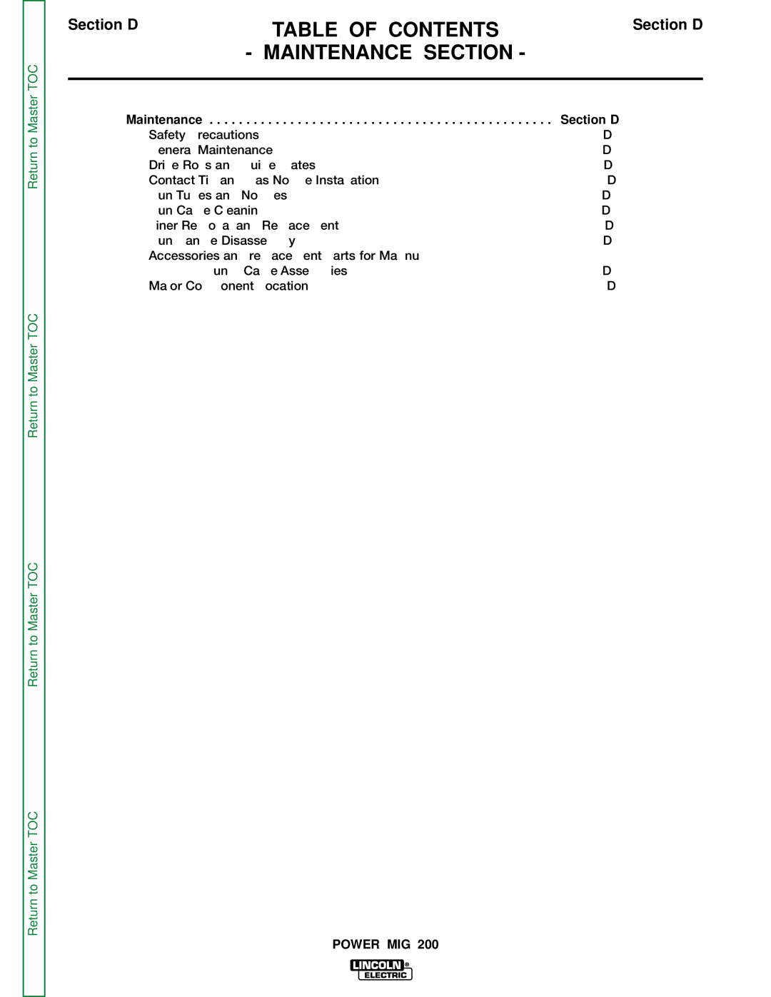 Lincoln Electric SVM157-A service manual Table of Contents, Maintenance Section 