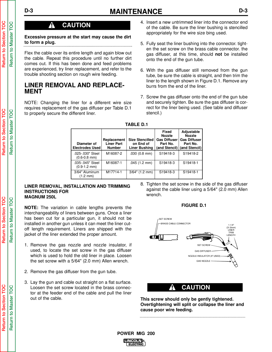 Lincoln Electric SVM157-A service manual Liner Removal and REPLACE- Ment, This screw should only be gently tightened 