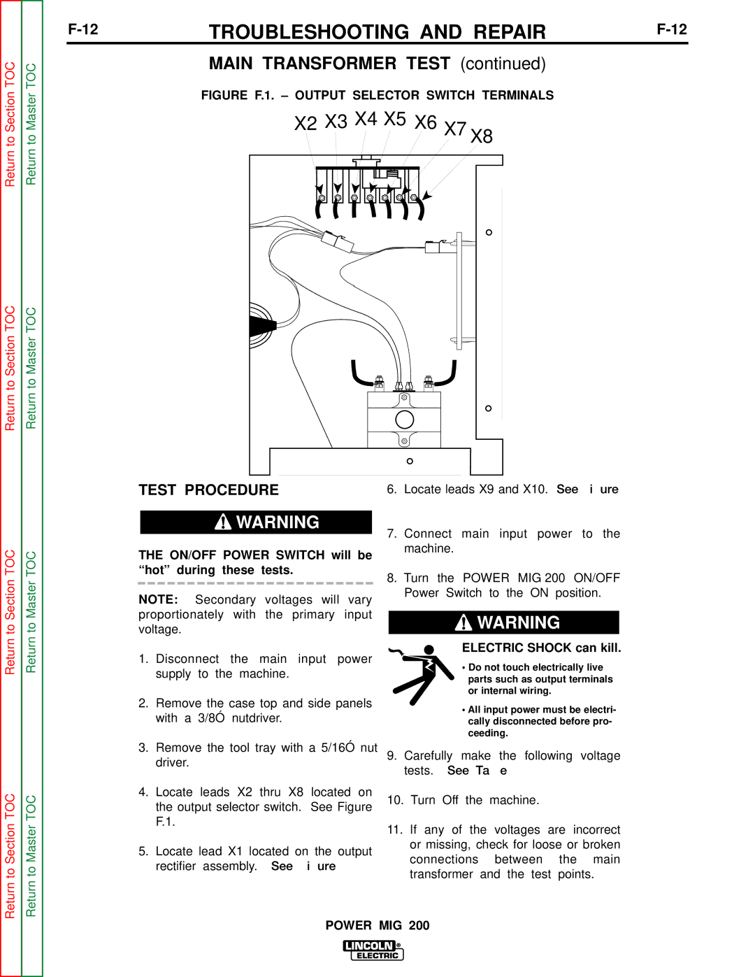 Lincoln Electric SVM157-A service manual Main Transformer Test, ON/OFF Power Switch will be hot during these tests 