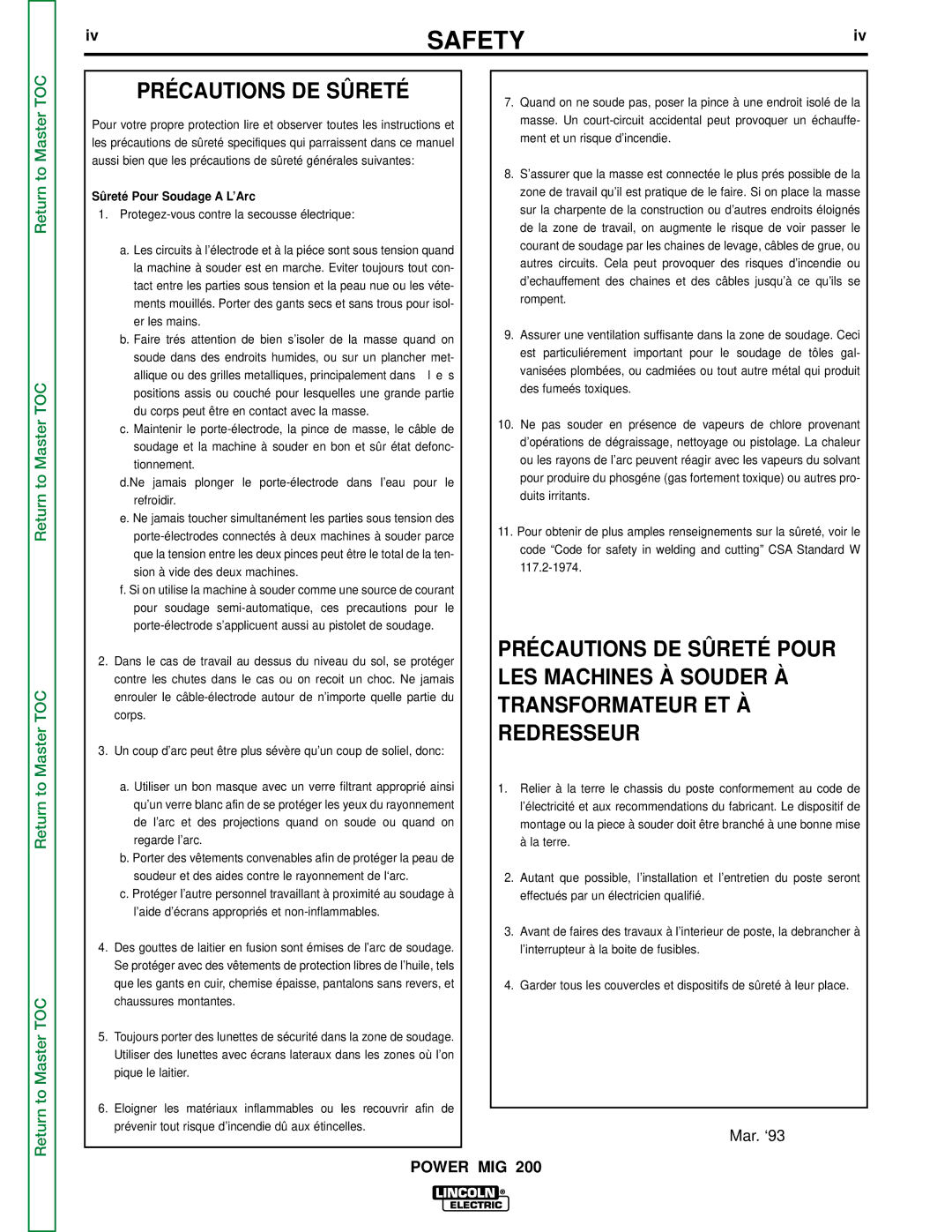 Lincoln Electric SVM157-A service manual Précautions DE Sûreté, Sûreté Pour Soudage a L’Arc 