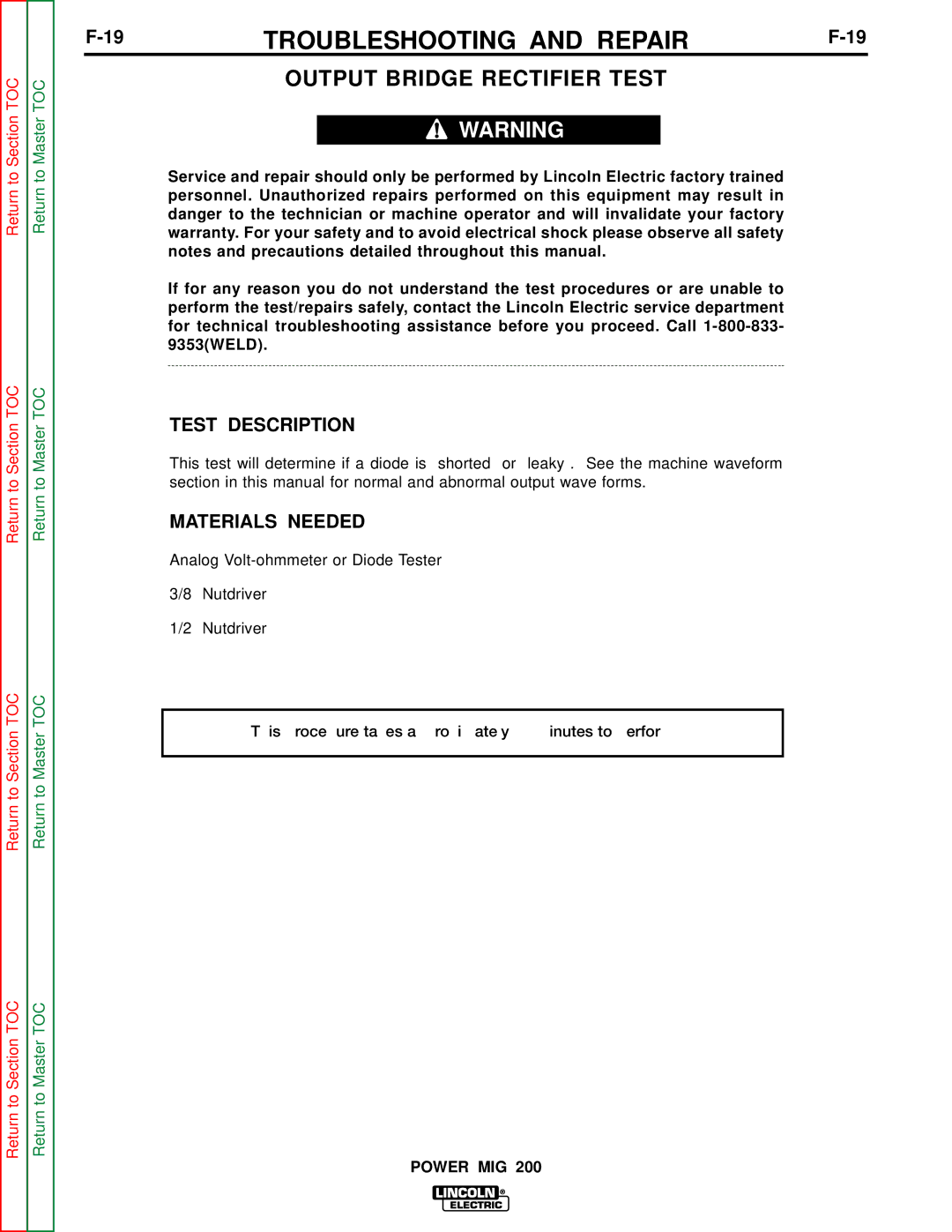 Lincoln Electric SVM157-A service manual Output Bridge Rectifier Test, Test Description 