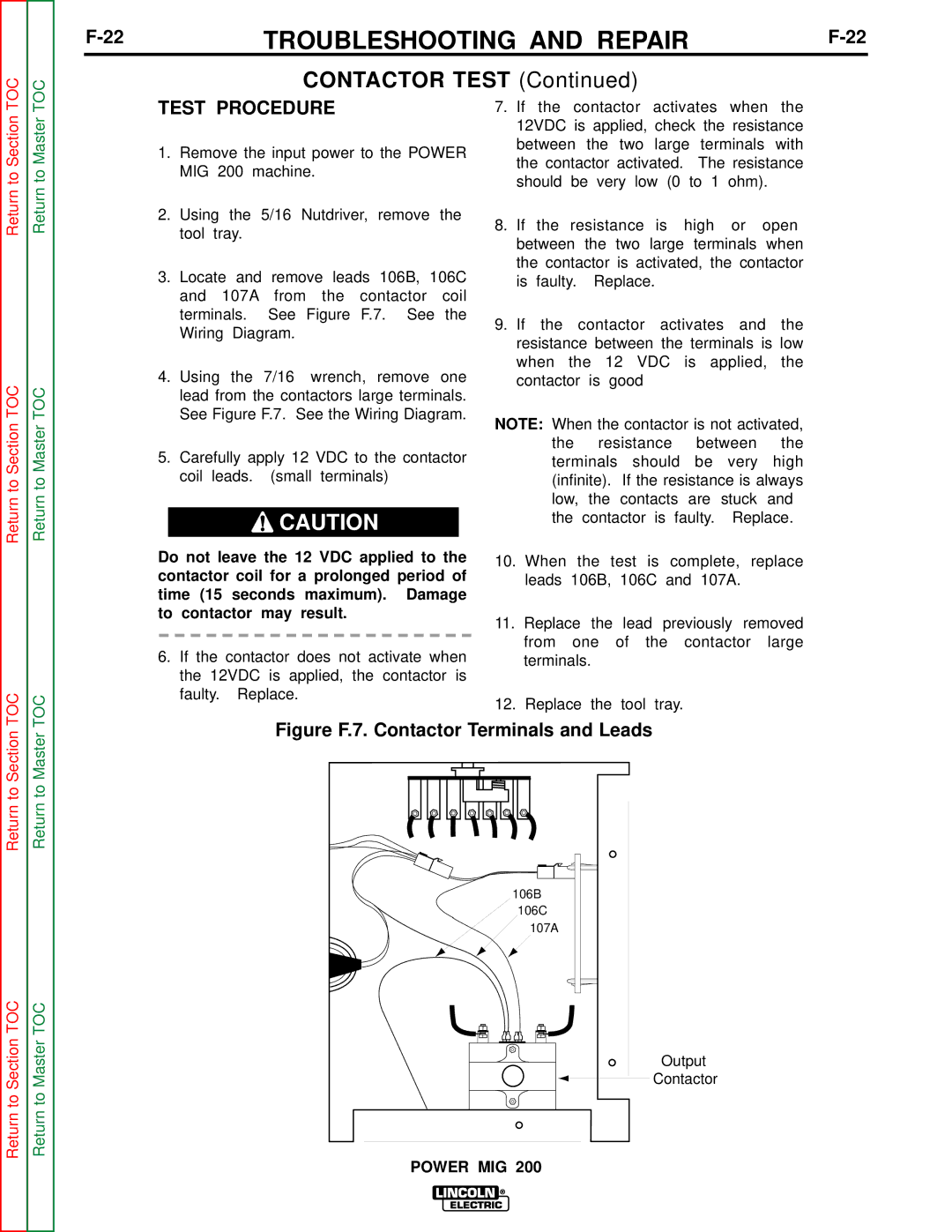 Lincoln Electric SVM157-A service manual Contactor Test, Figure F.7. Contactor Terminals and Leads 