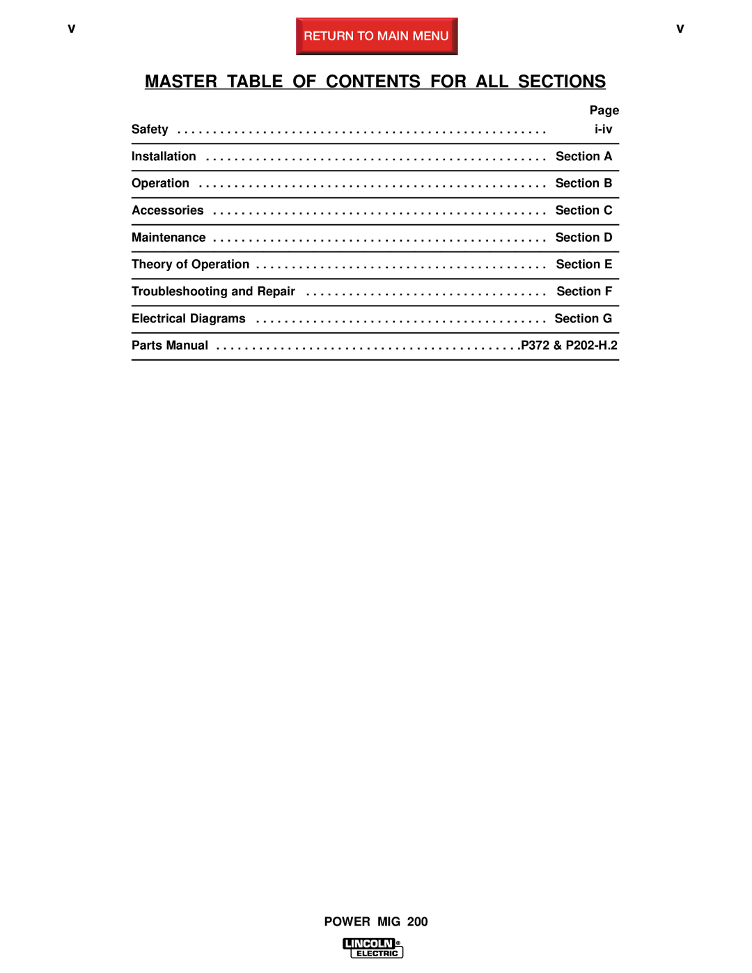 Lincoln Electric SVM157-A service manual Master Table of Contents for ALL Sections 