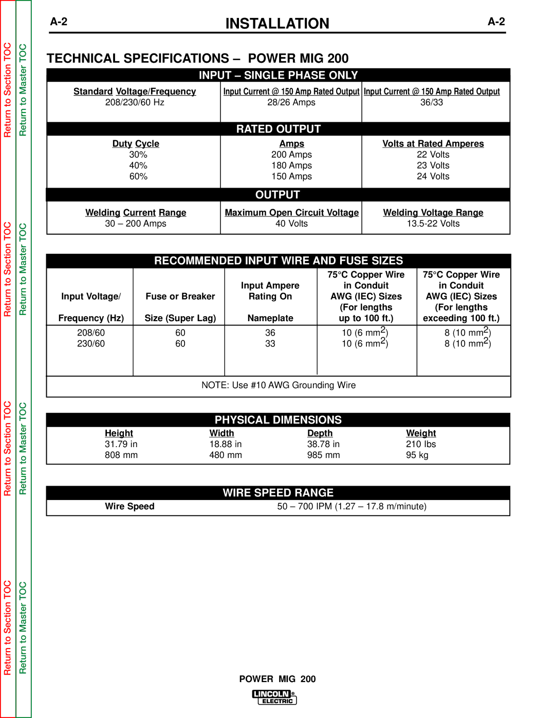 Lincoln Electric SVM157-A service manual Installation, Technical Specifications Power MIG 