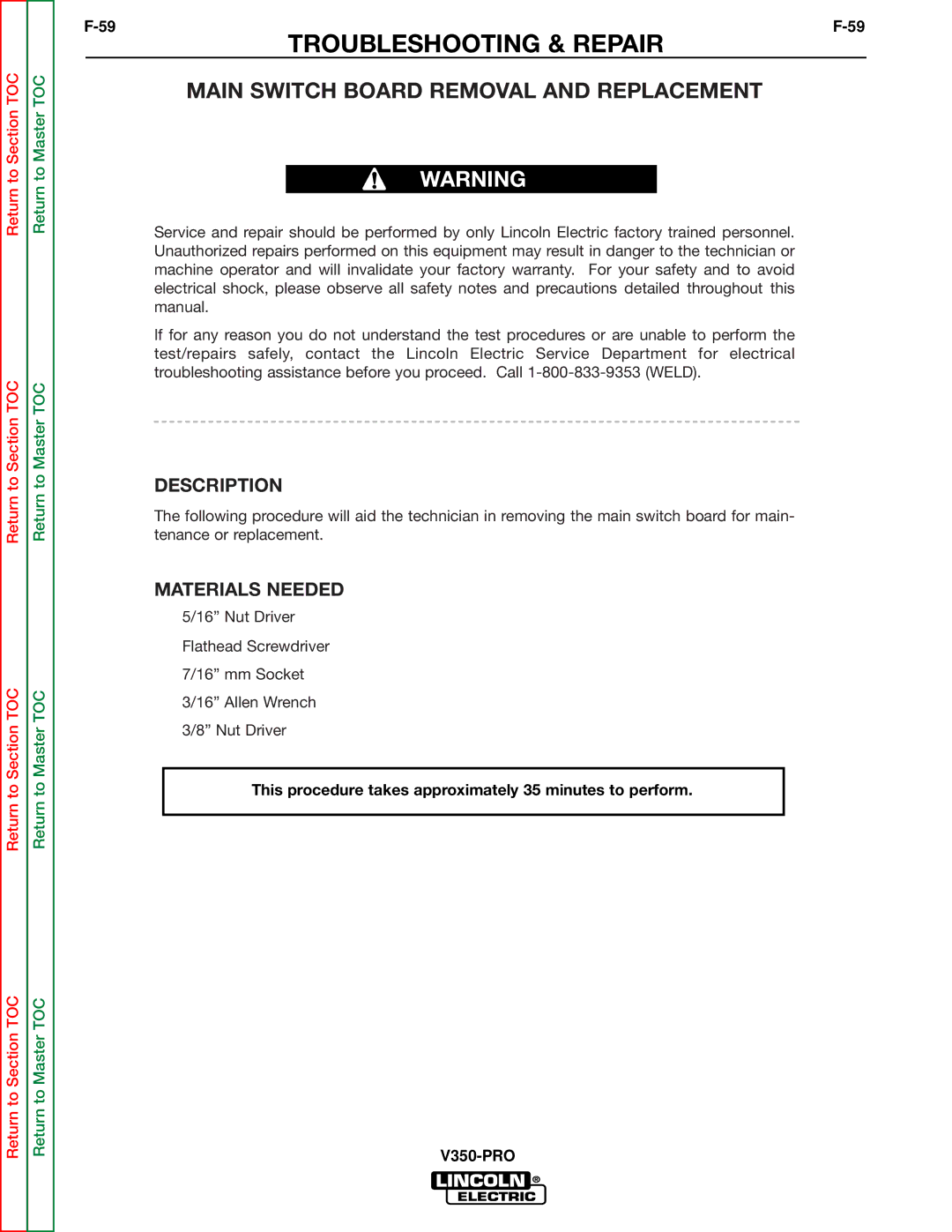 Lincoln Electric SVM158-A service manual Main Switch Board Removal and Replacement 